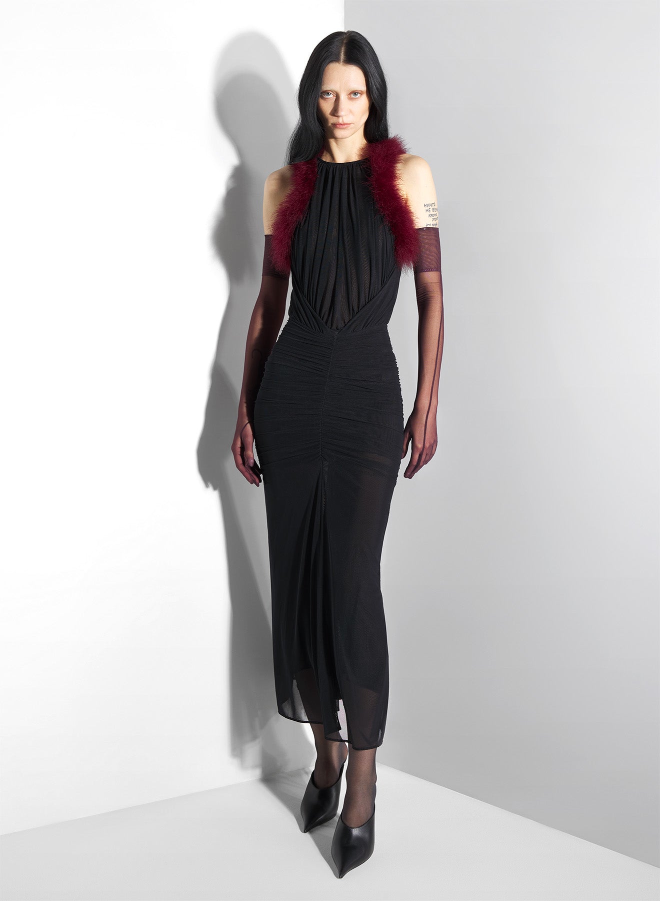 black marabou ruched dress