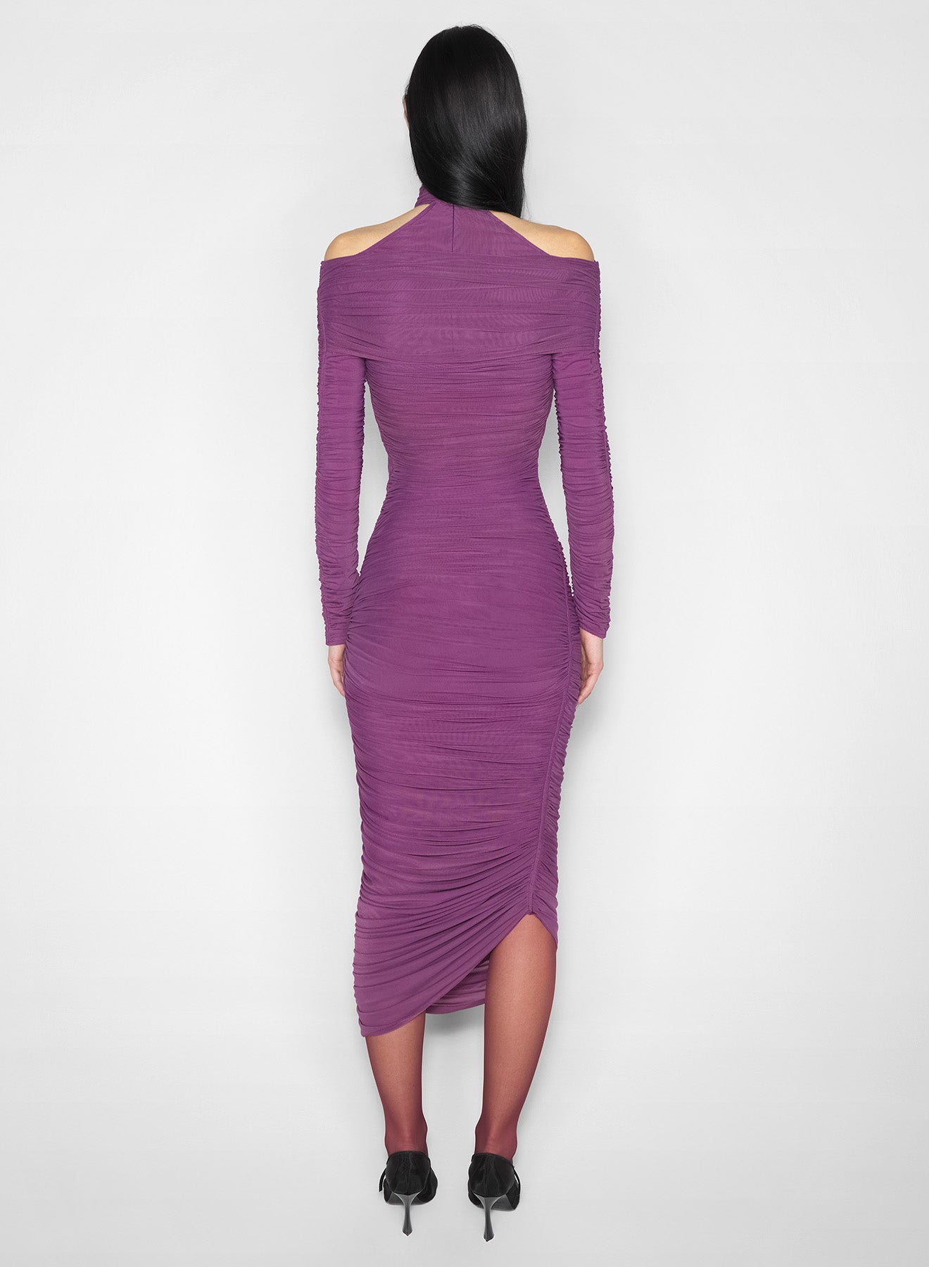 purple draped halter dress