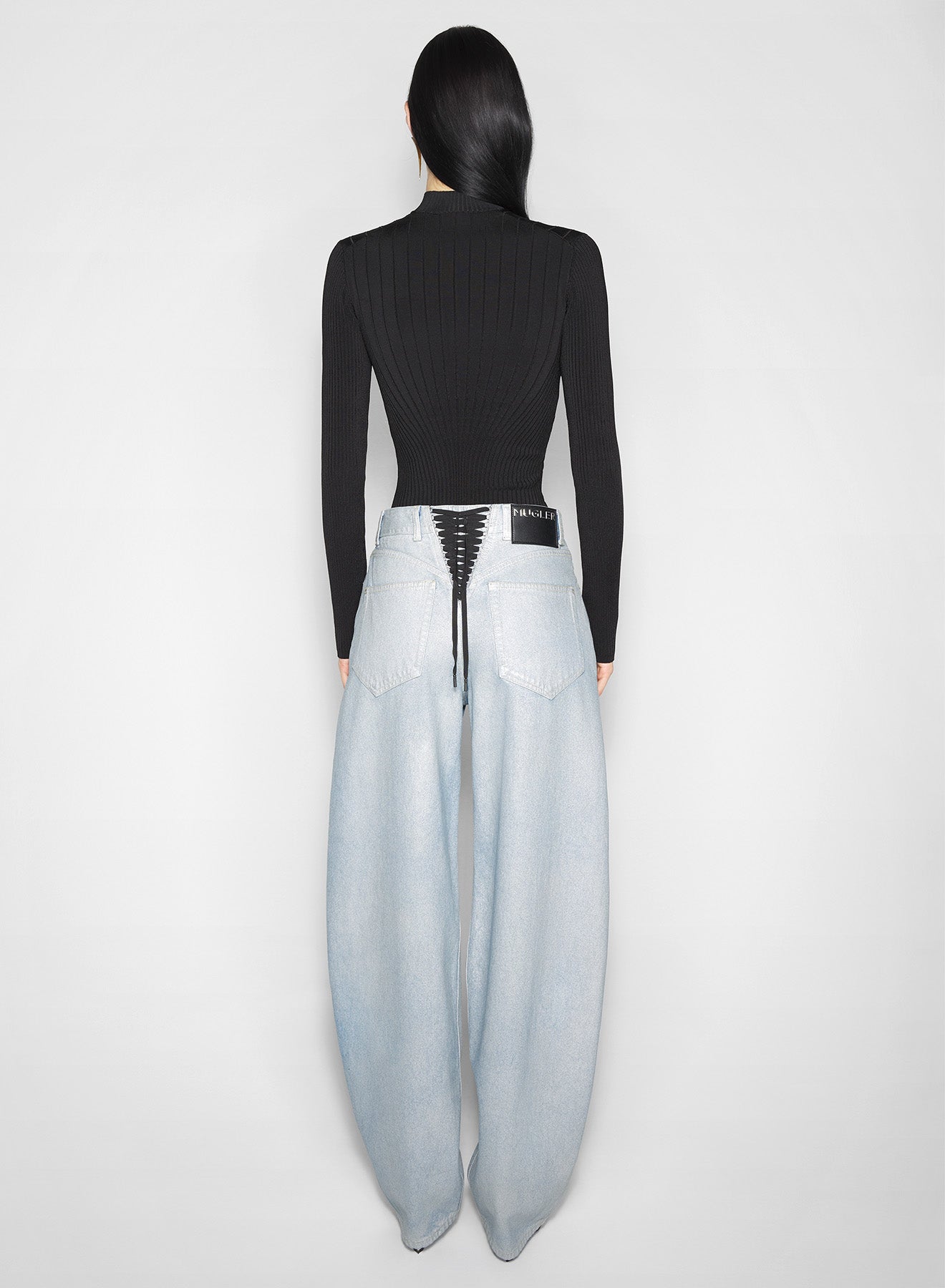 silver blue laced-up wide-leg jeans