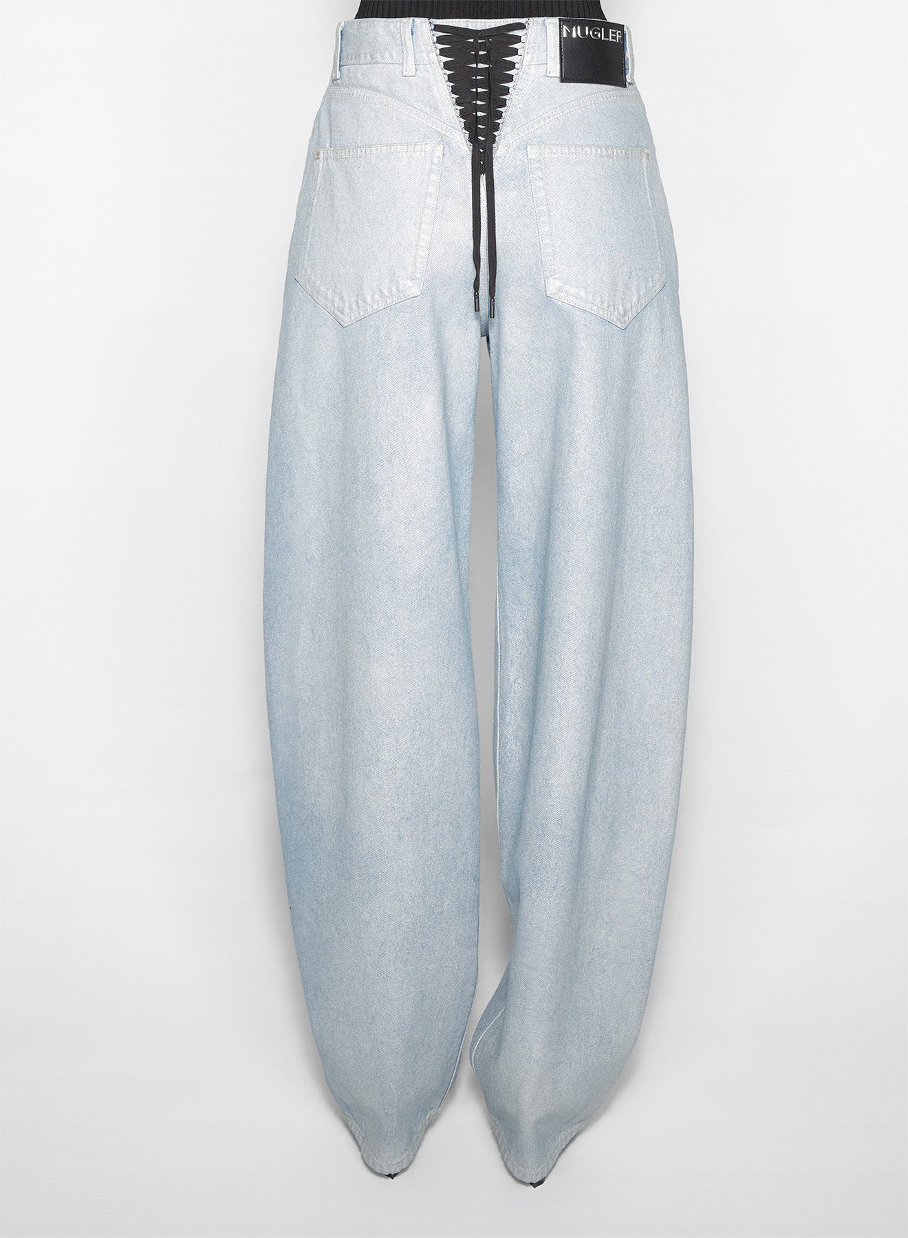 silver blue laced-up wide-leg jeans