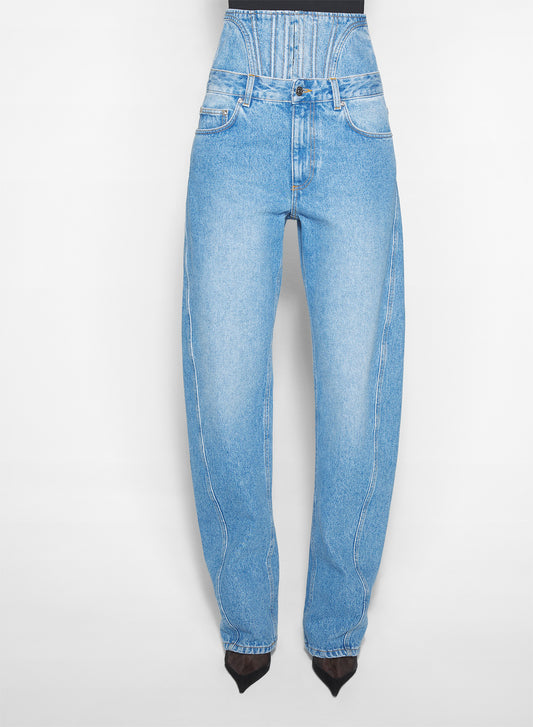 washed blue high-waisted corset jeans