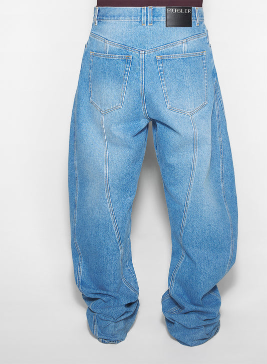 washed blue oversized spiral jeans