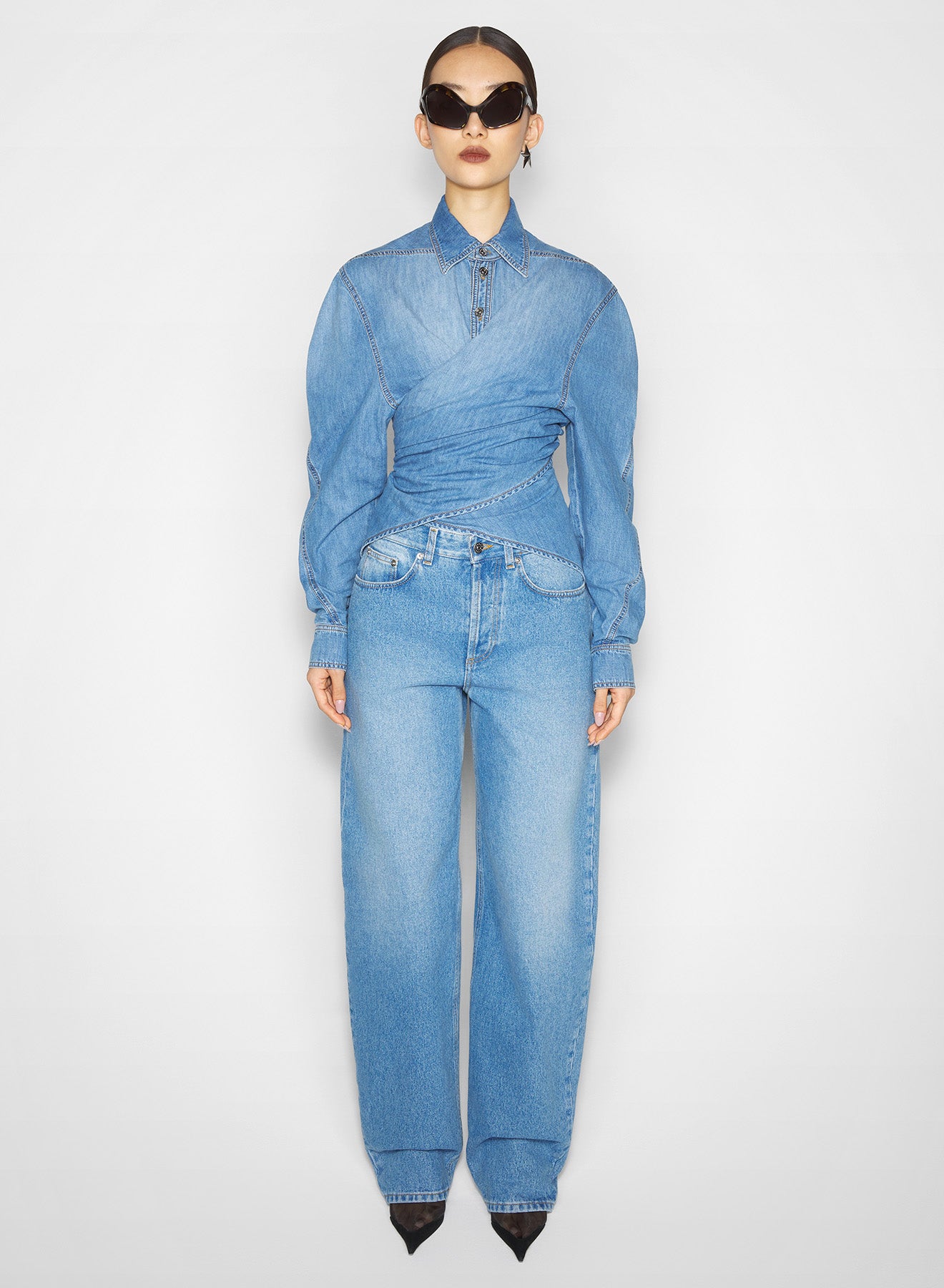 wrapped blue denim chambray shirt