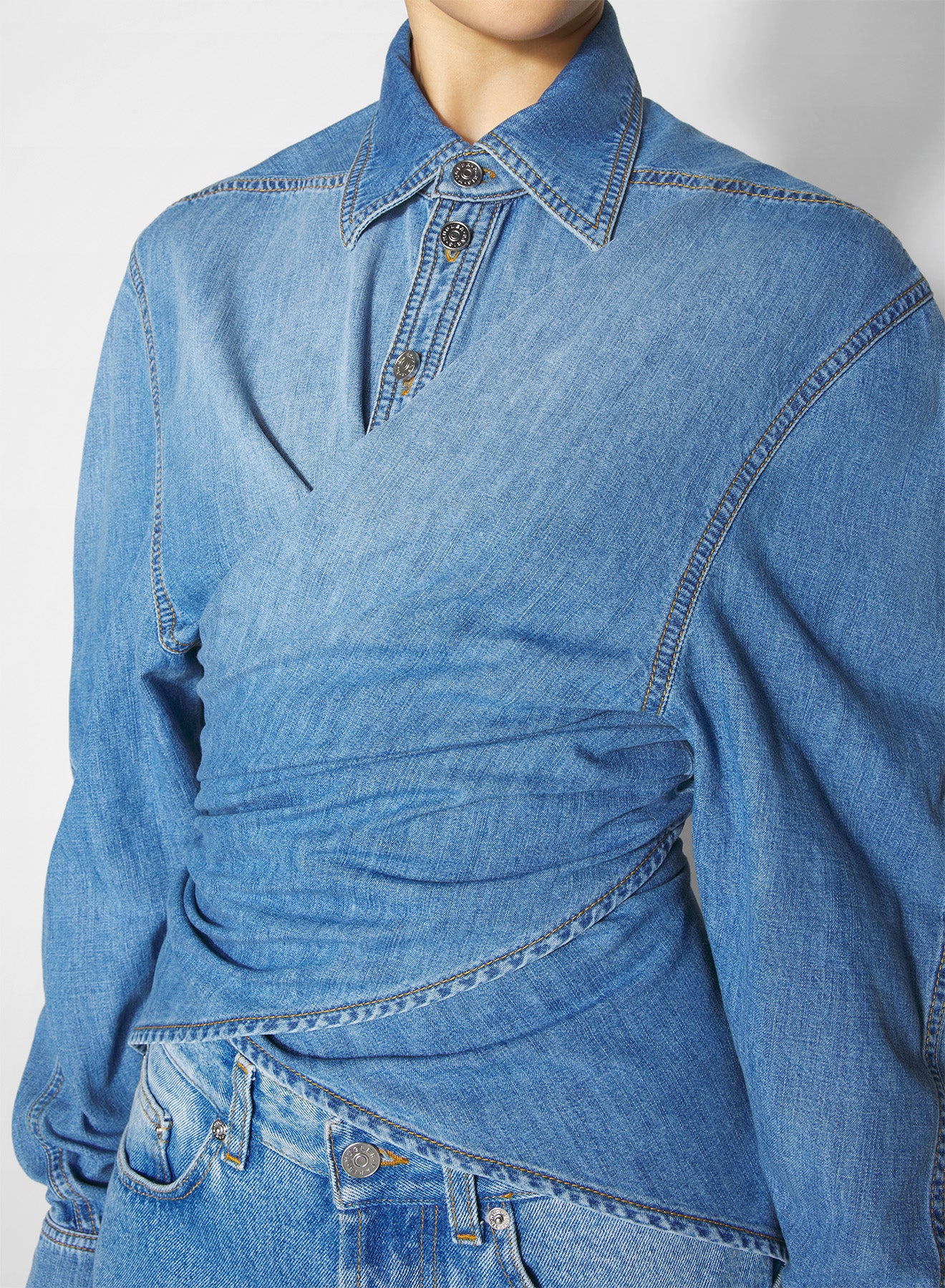 wrapped blue denim chambray shirt