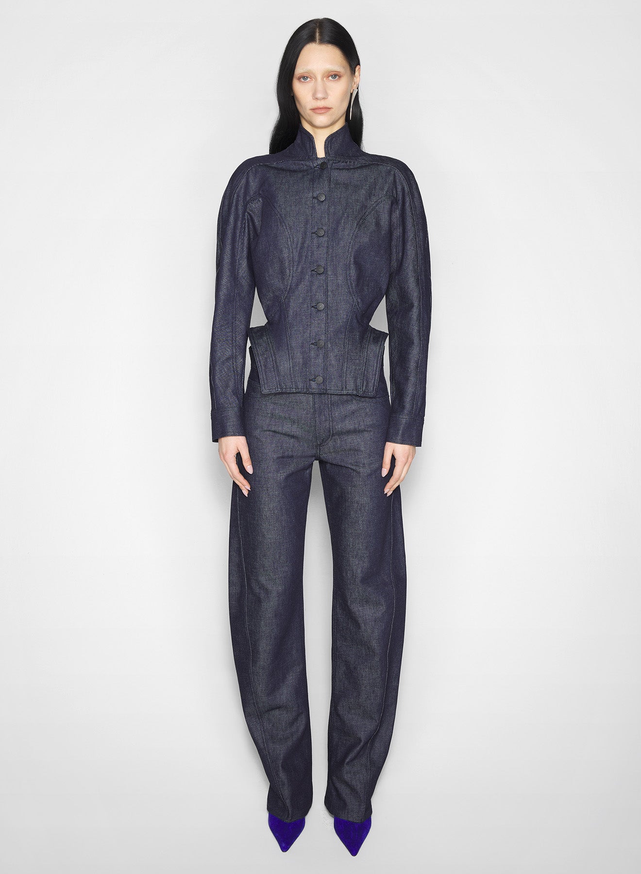 sculptural raw denim jacket
