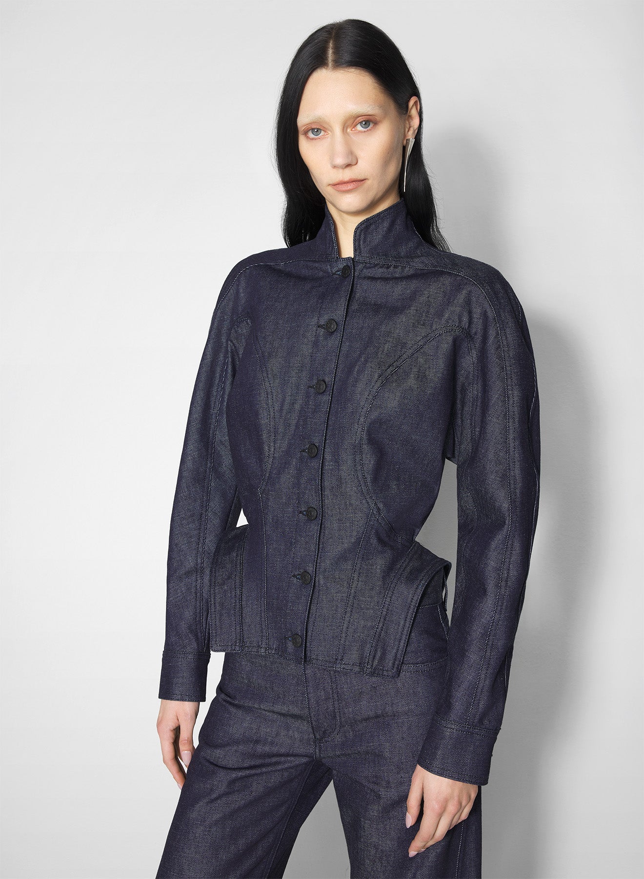 sculptural raw denim jacket