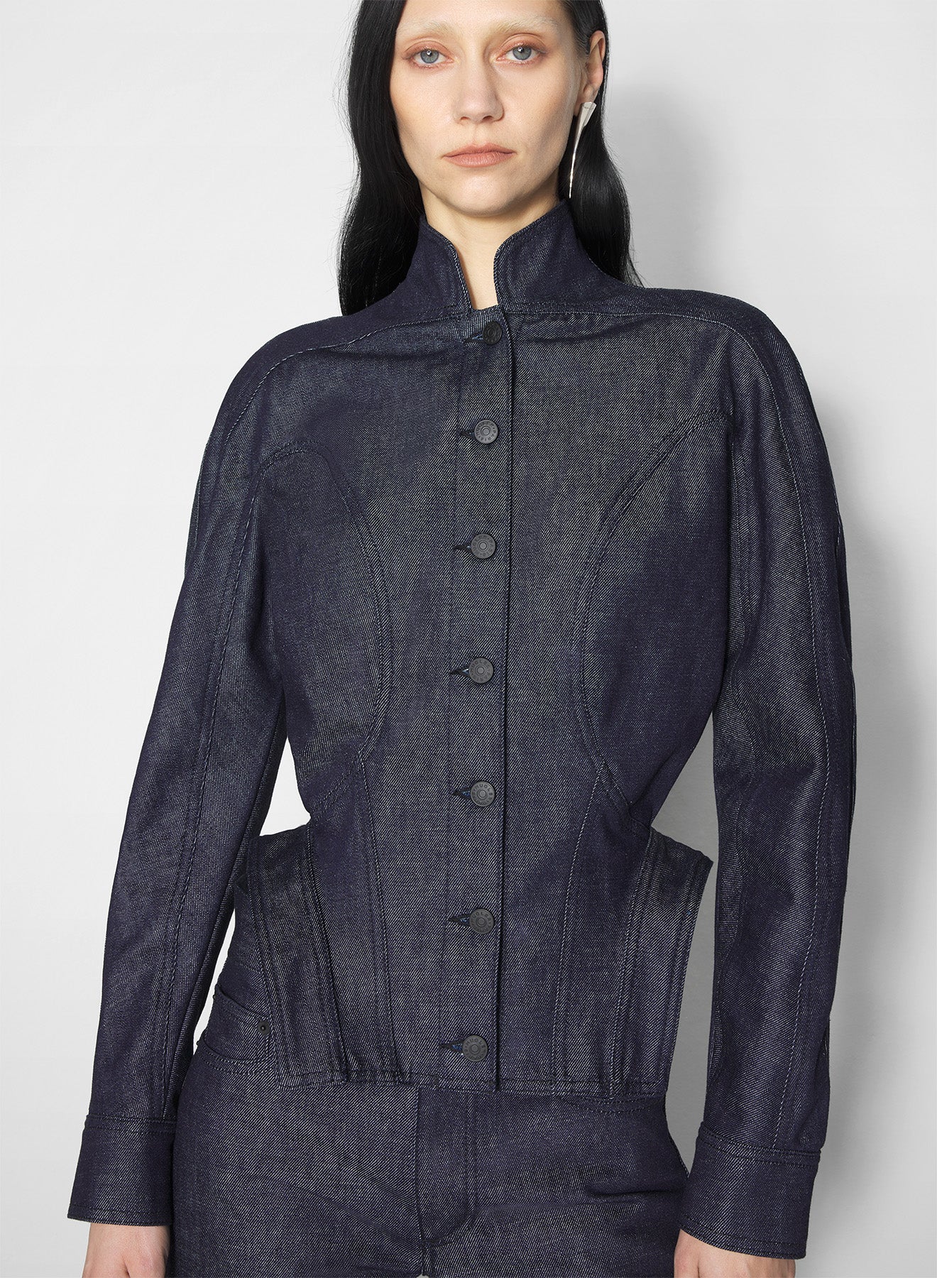 sculptural raw denim jacket