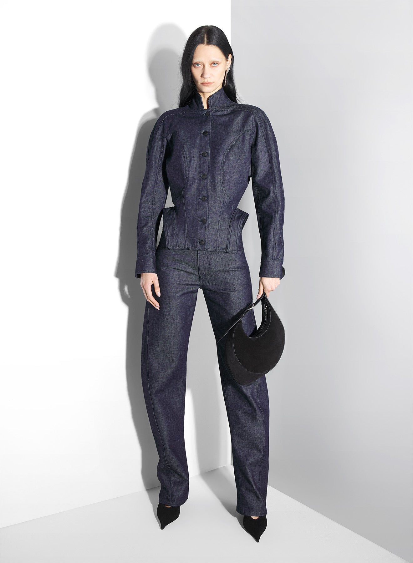 sculptural raw denim jacket
