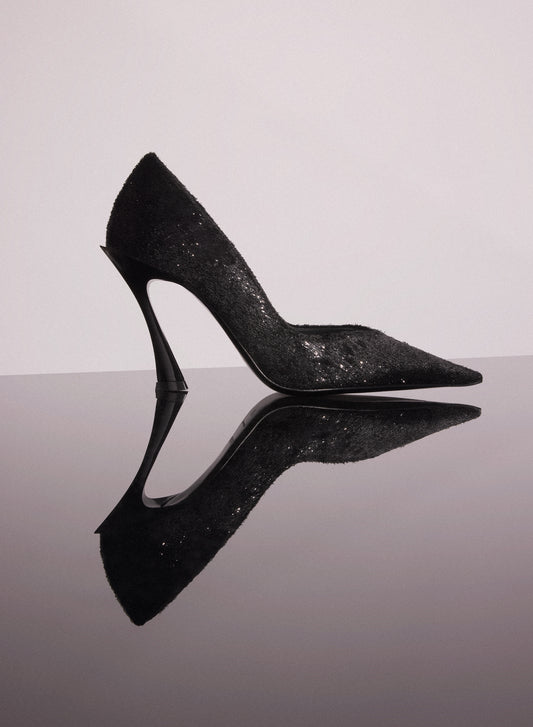 black leather faux fur glittered fang 95 pump