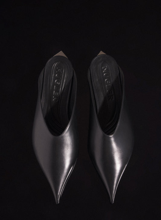 black leather fang flat mules