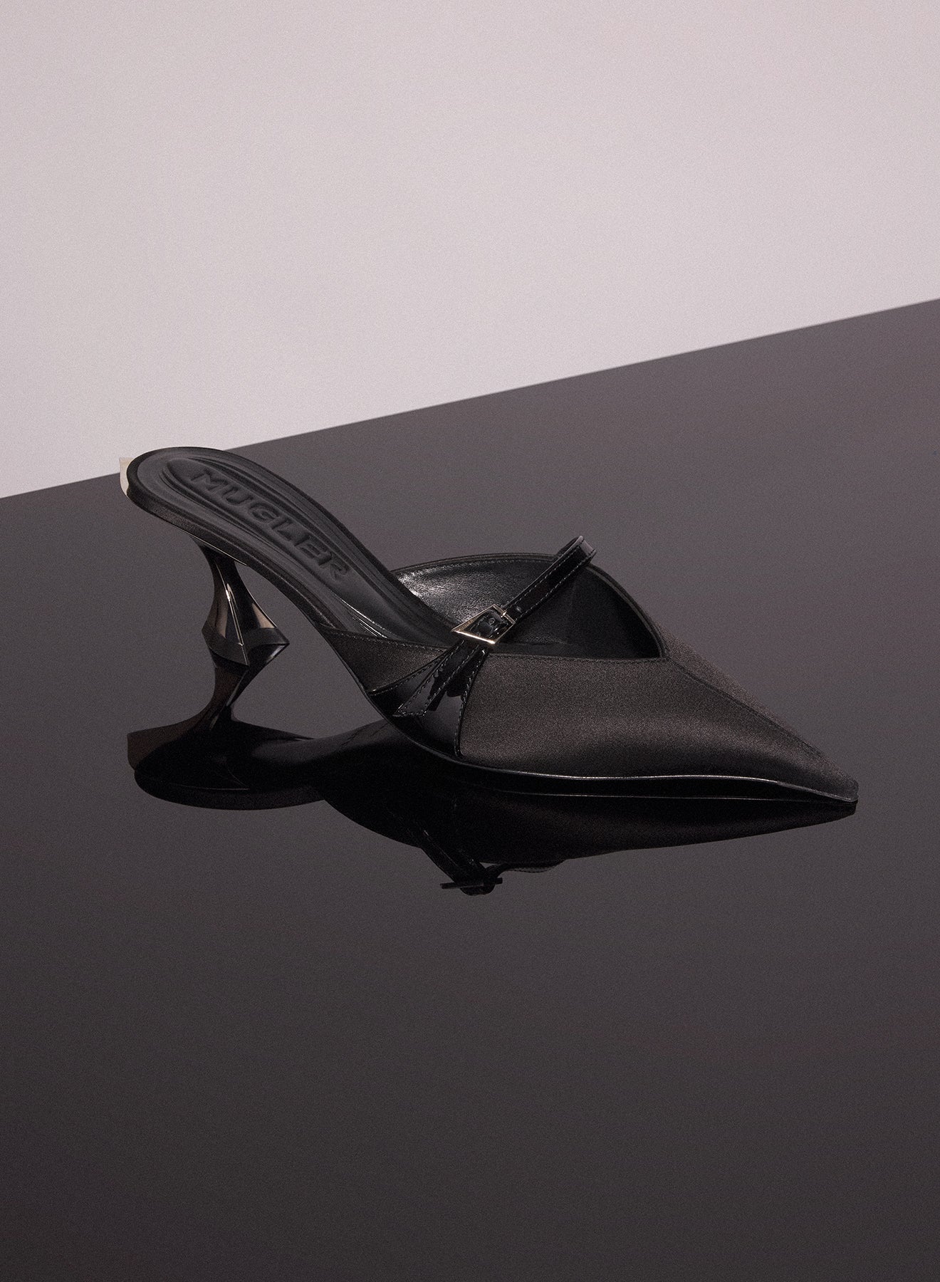 black satin fang 55 bucket mules