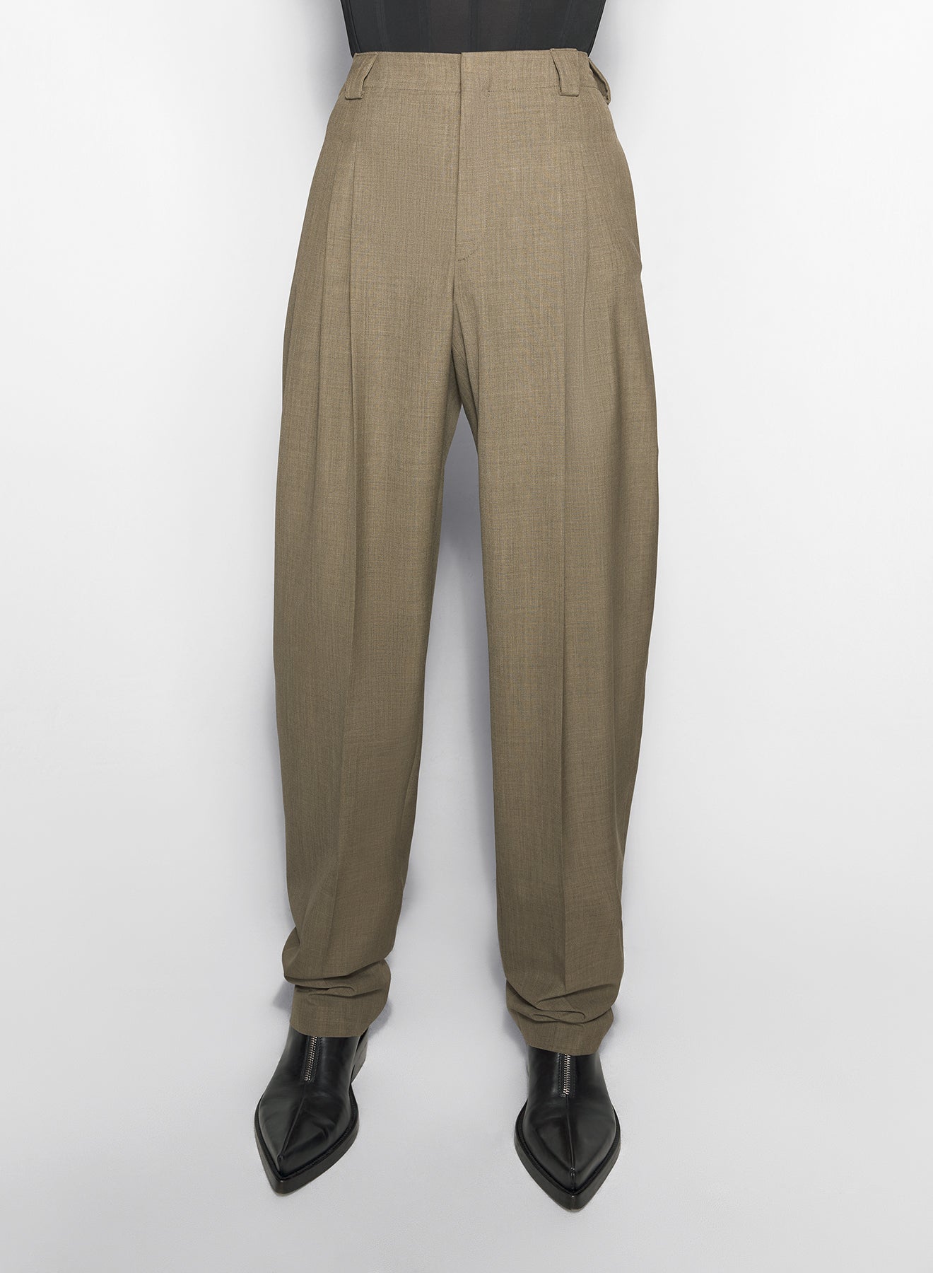 khaki pleated wide-leg trousers