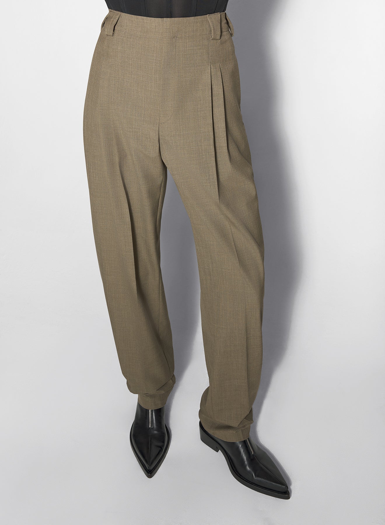 khaki pleated wide-leg trousers