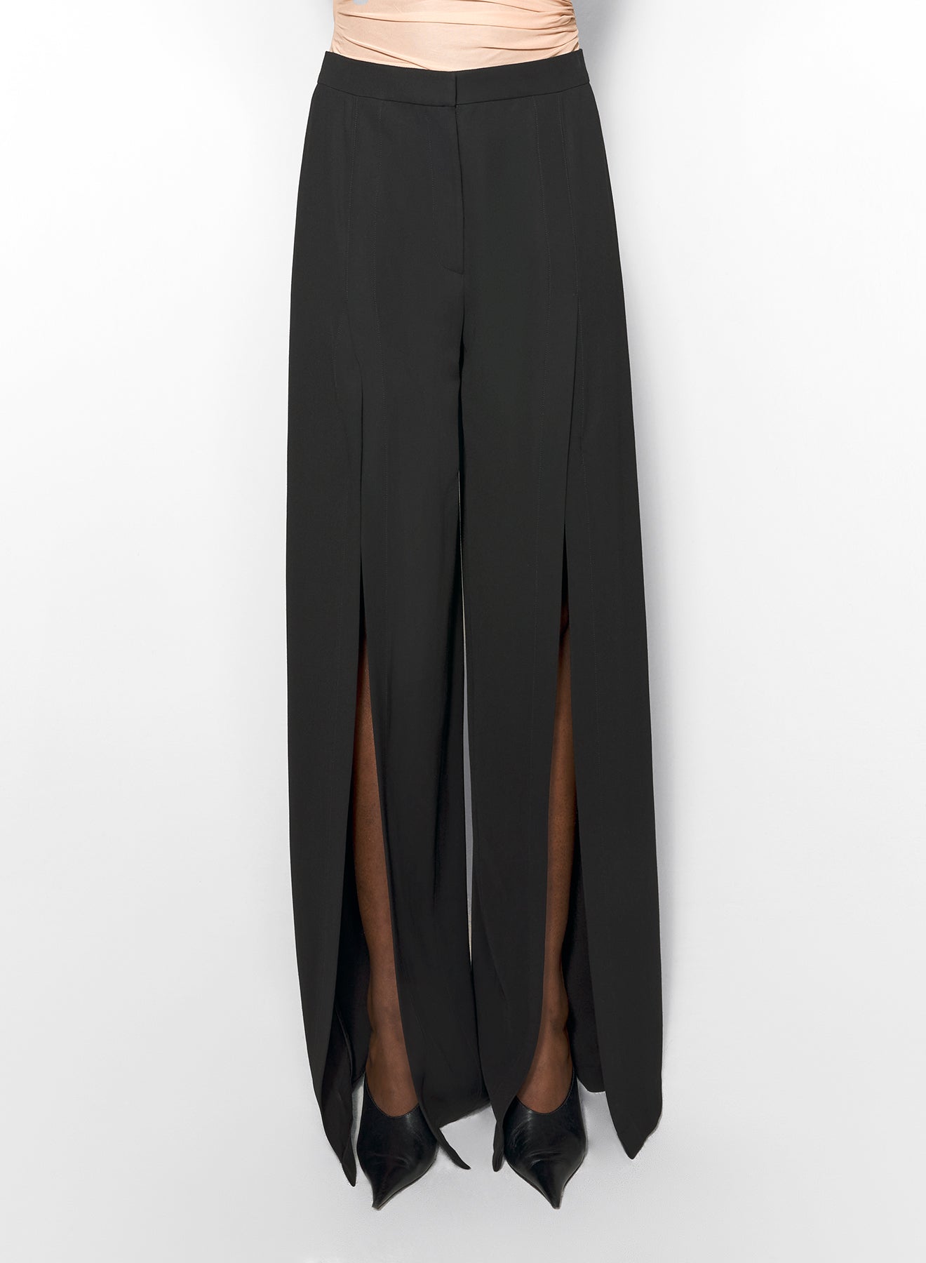 black wide-leg slit buckled trousers