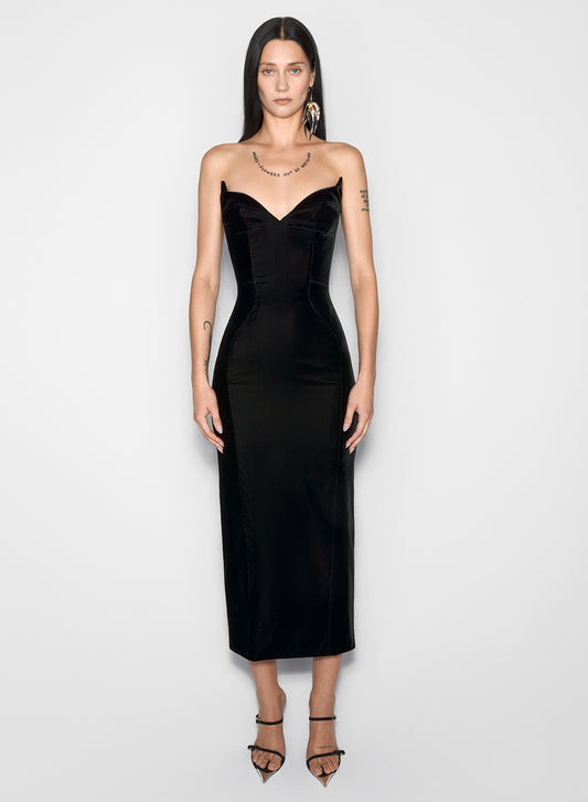 black signature strapless velvet gown