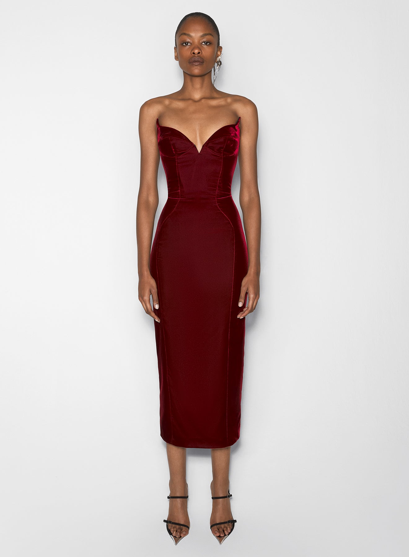 burgundy signature strapless velvet gown