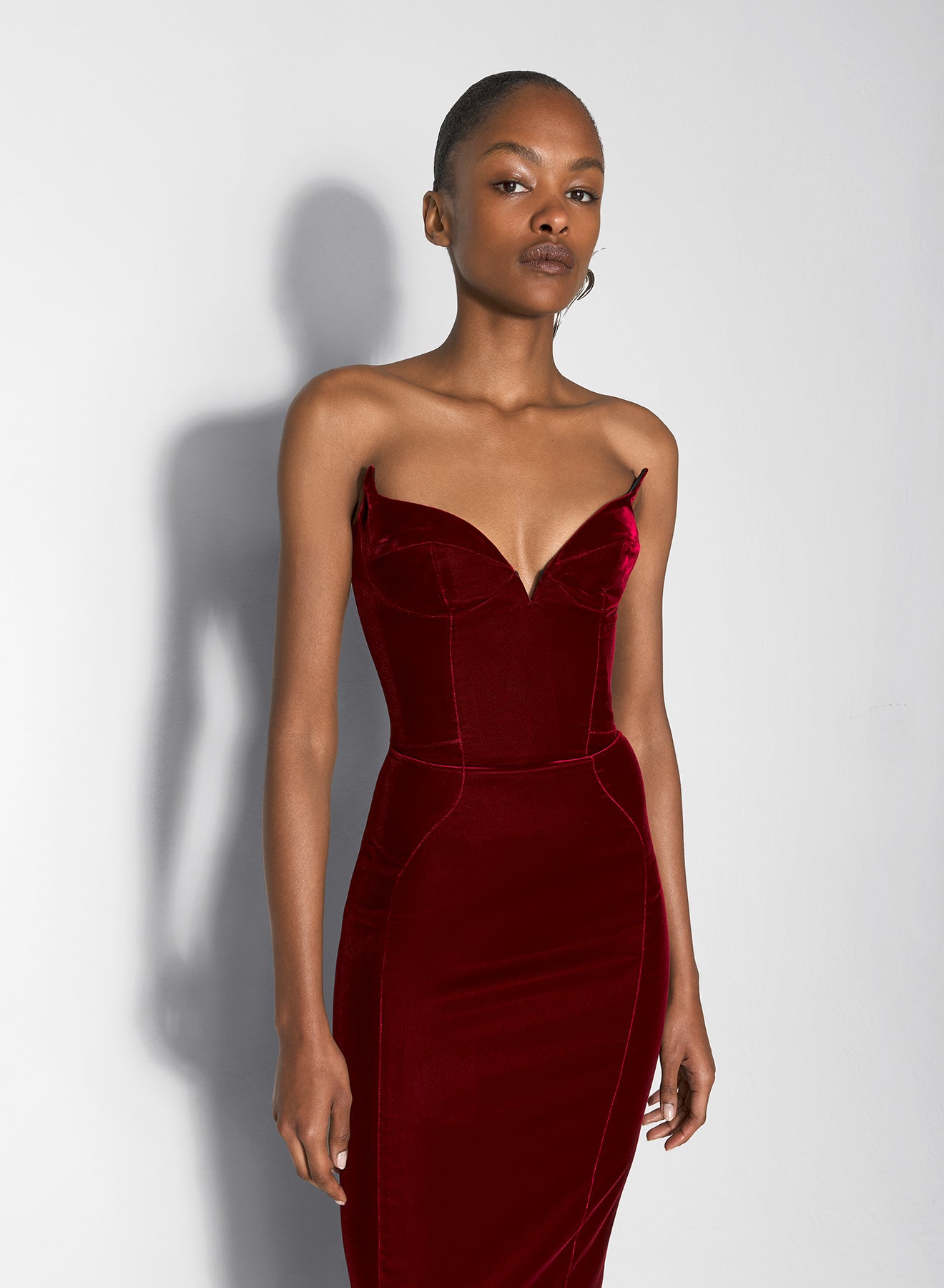 burgundy signature strapless velvet gown