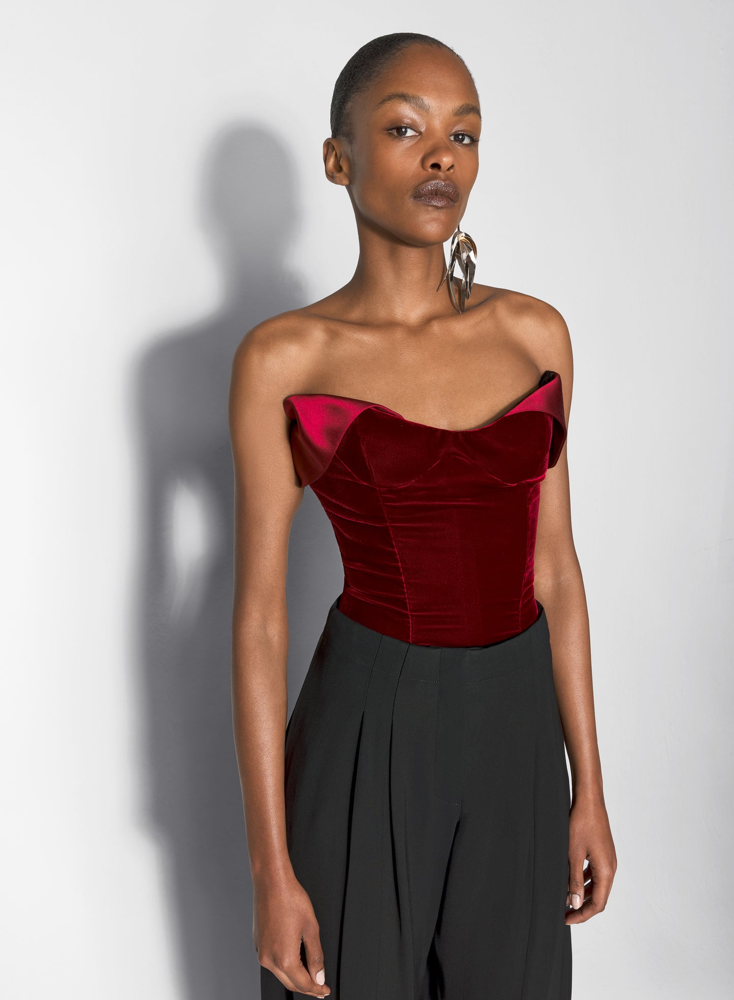 burgundy satin and velvet bustier