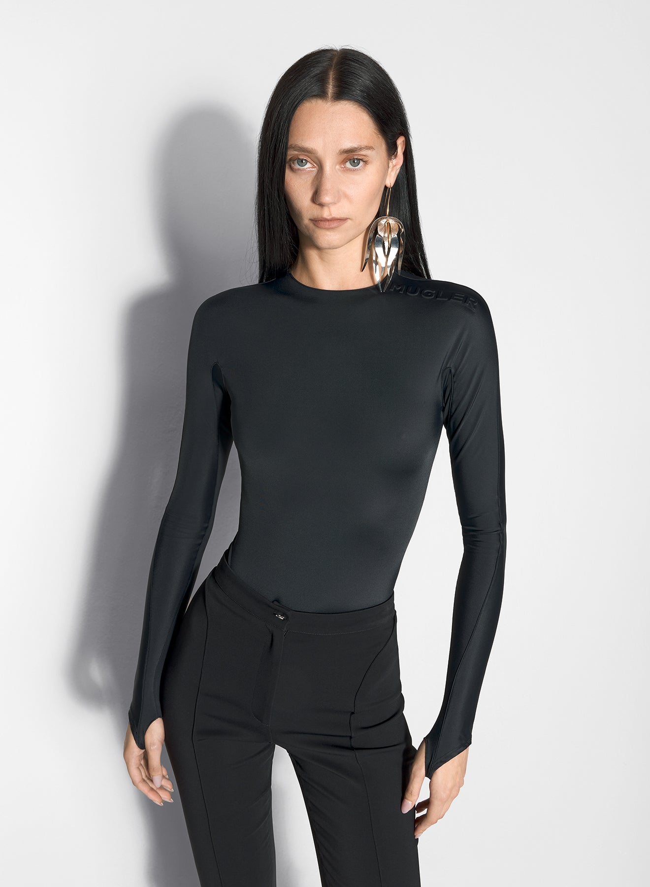 black shoulder logo bodysuit