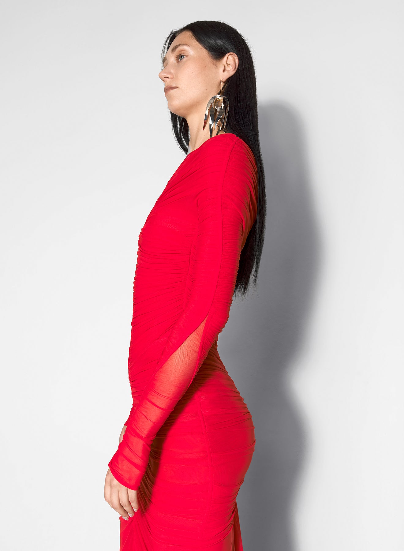 red ruched bodysuit