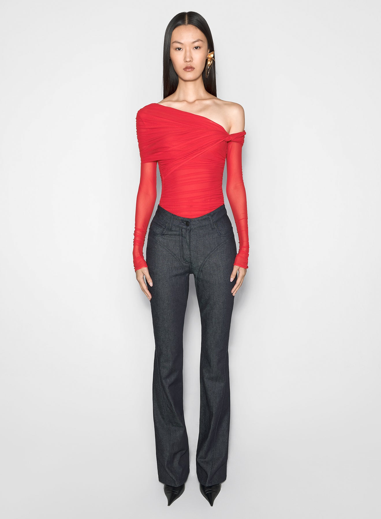 red off-shoulder ruched bodysuit