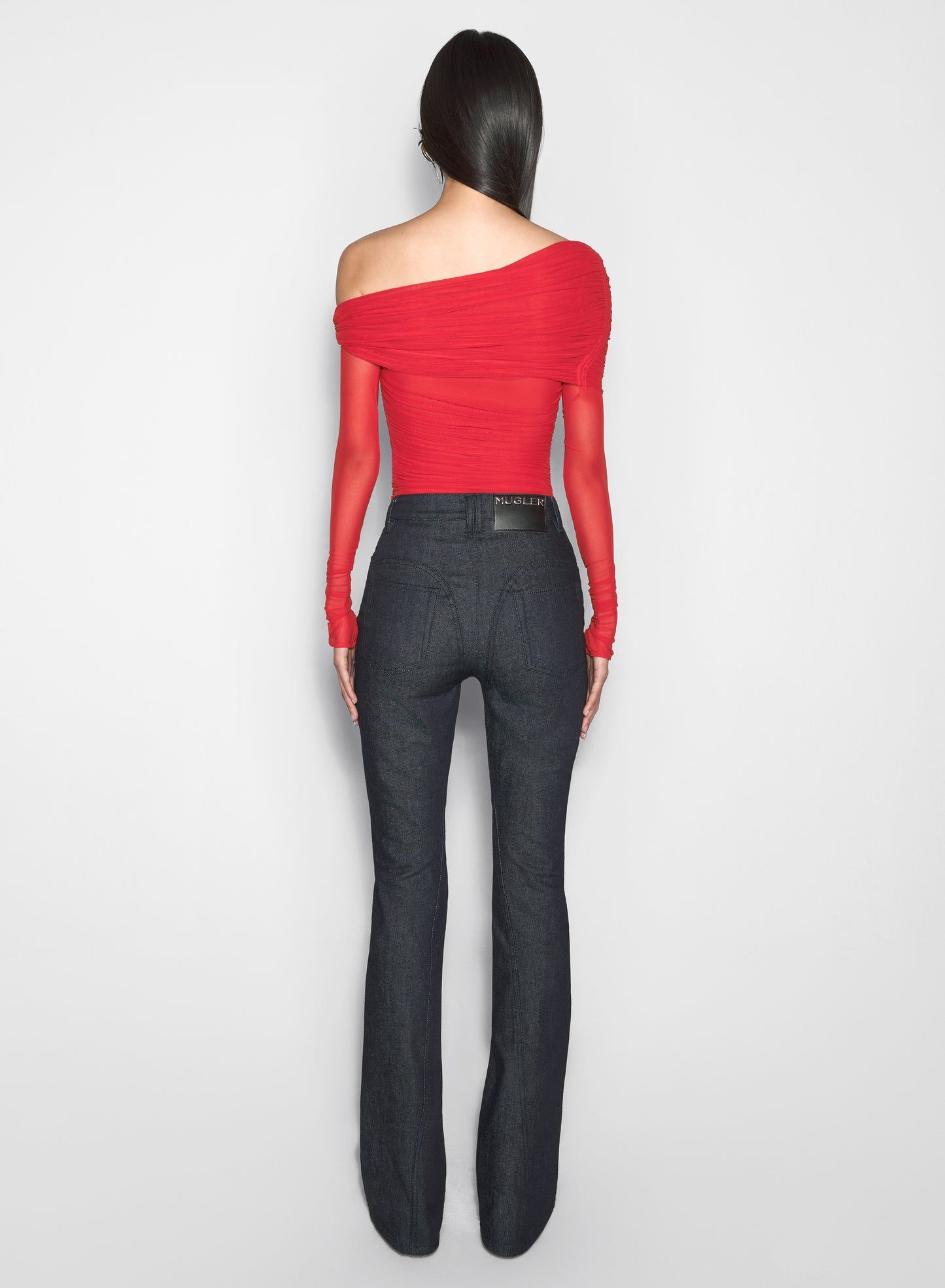 red off-shoulder ruched bodysuit