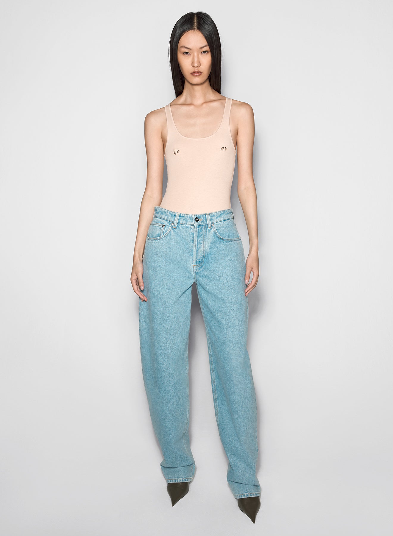 blue laced-up wide-leg jeans