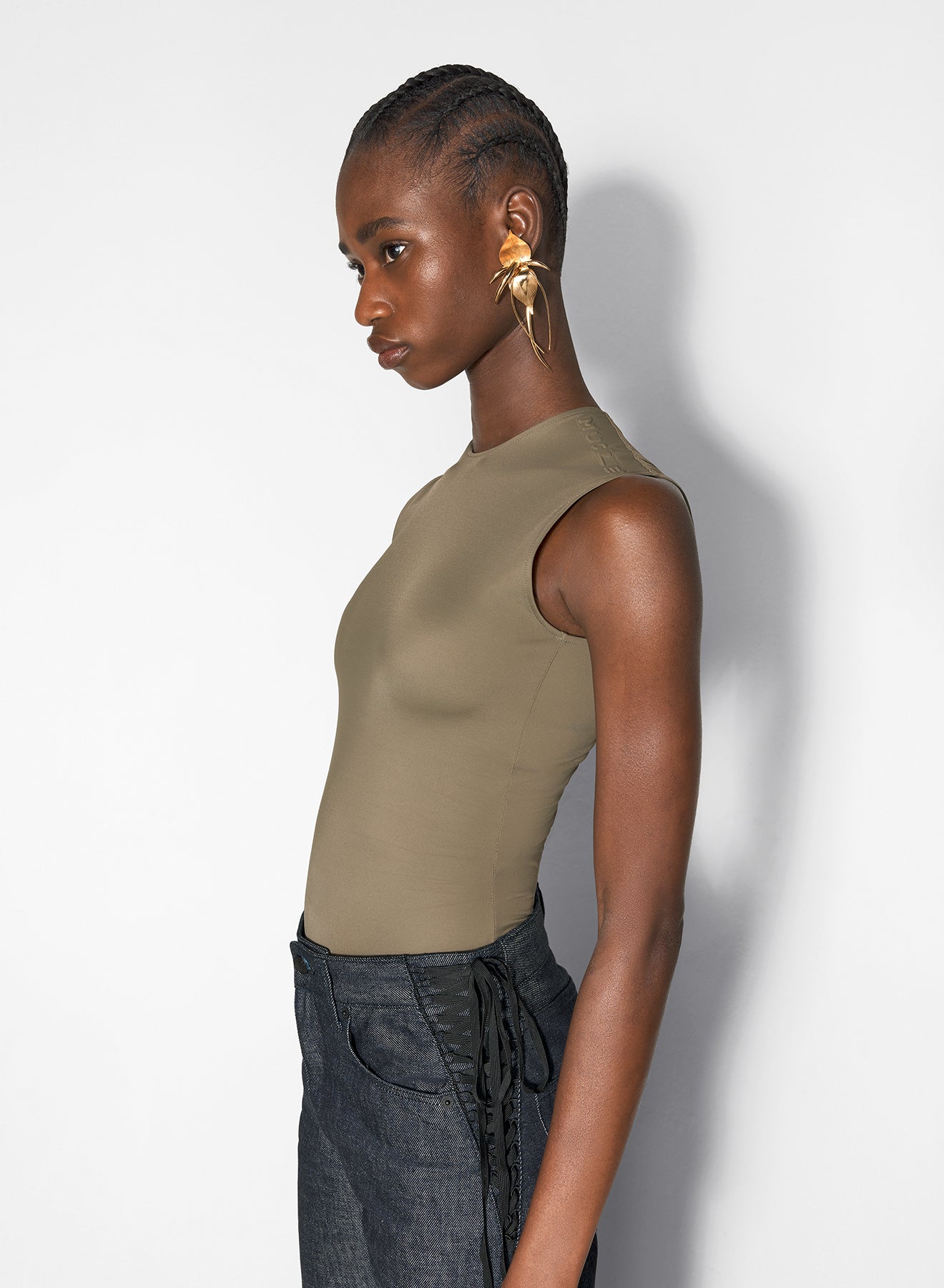 khaki sleeveless shoulder logo bodysuit