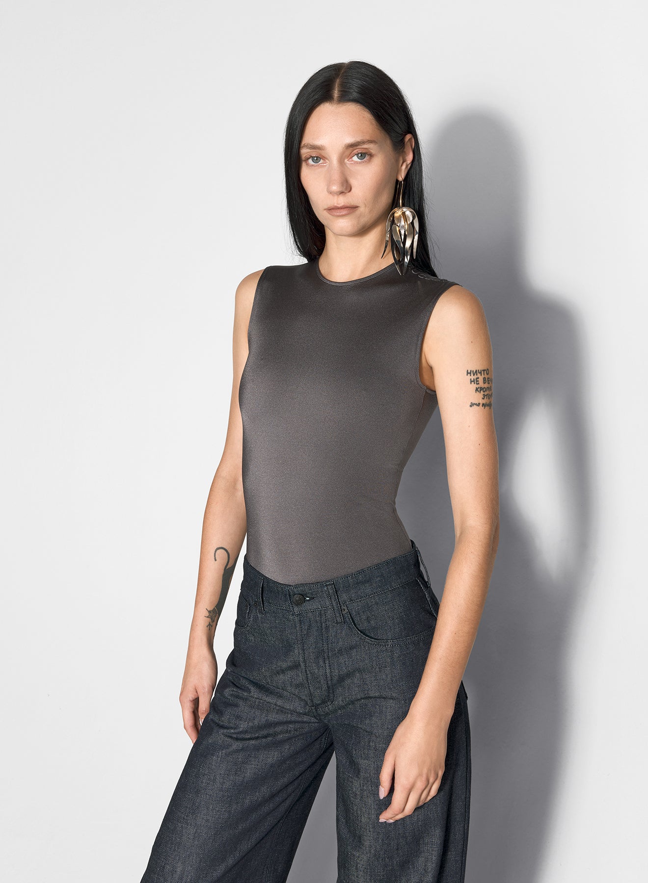 grey sleeveless shoulder logo bodysuit