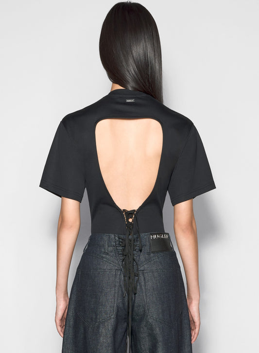 black corset open back jersey bodysuit