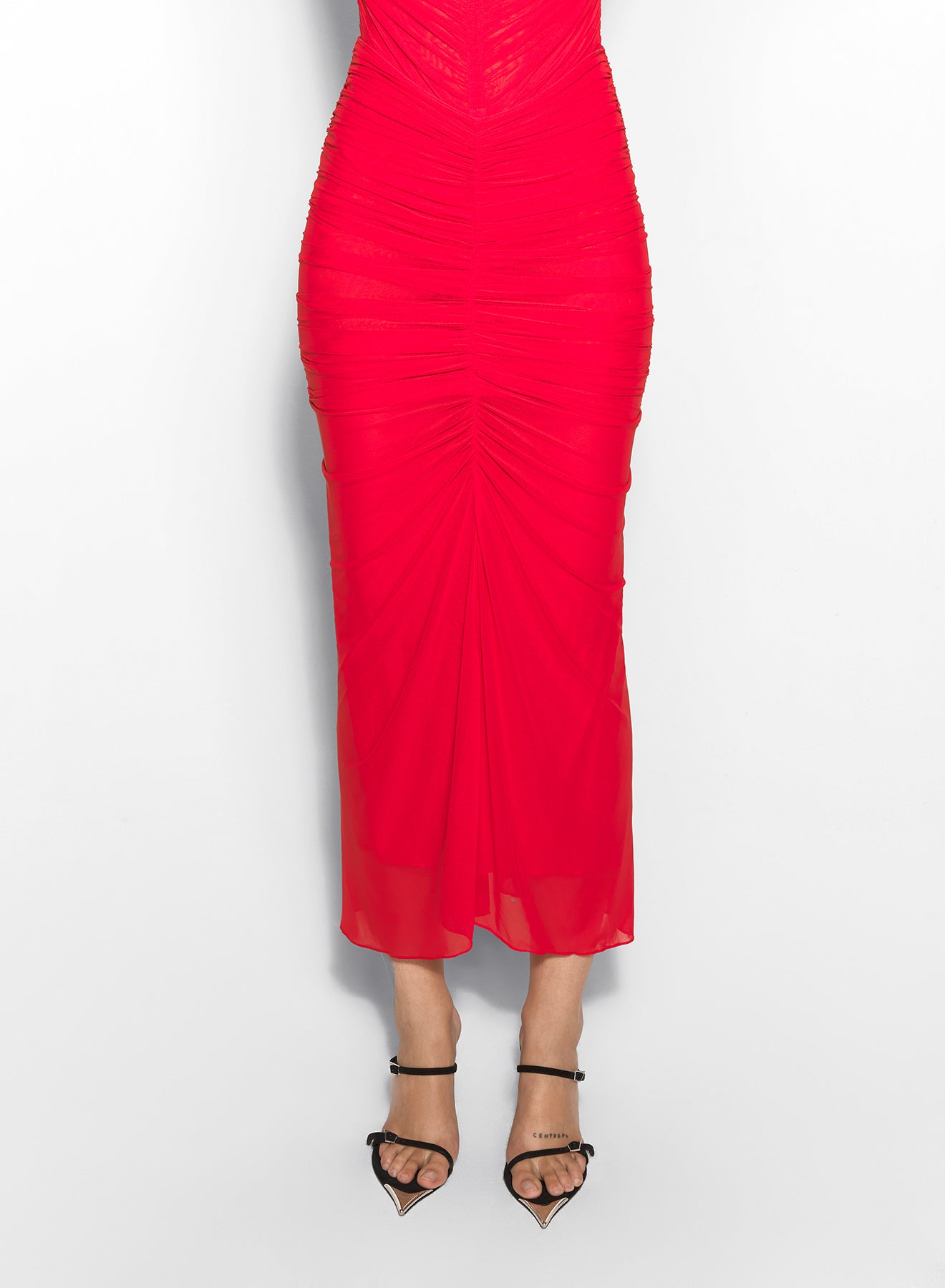 red ruched mesh skirt