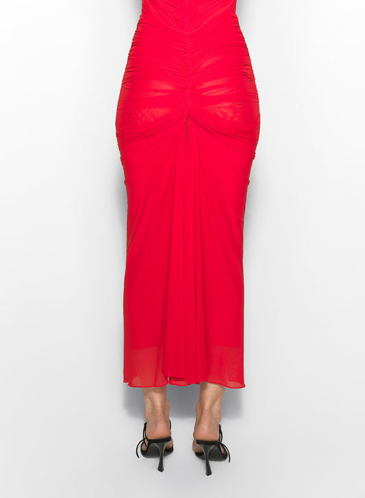 red ruched mesh skirt