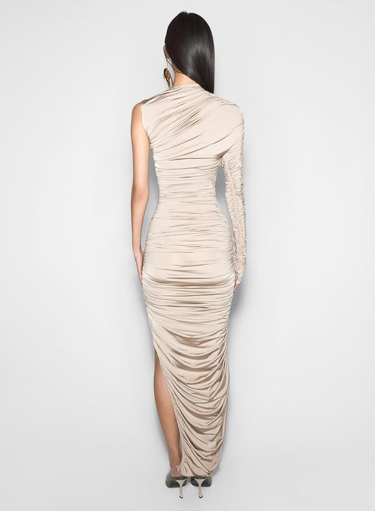 champagne asymmetrical pierced ruched dress