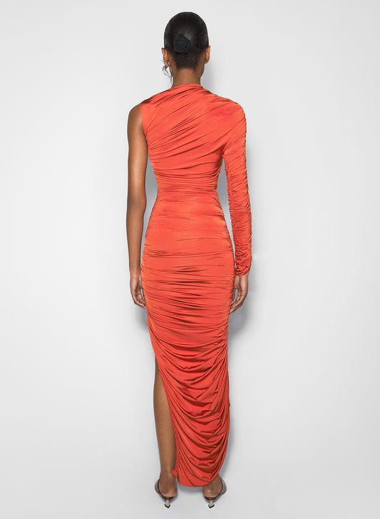 orange asymmetrical pierced ruched dress