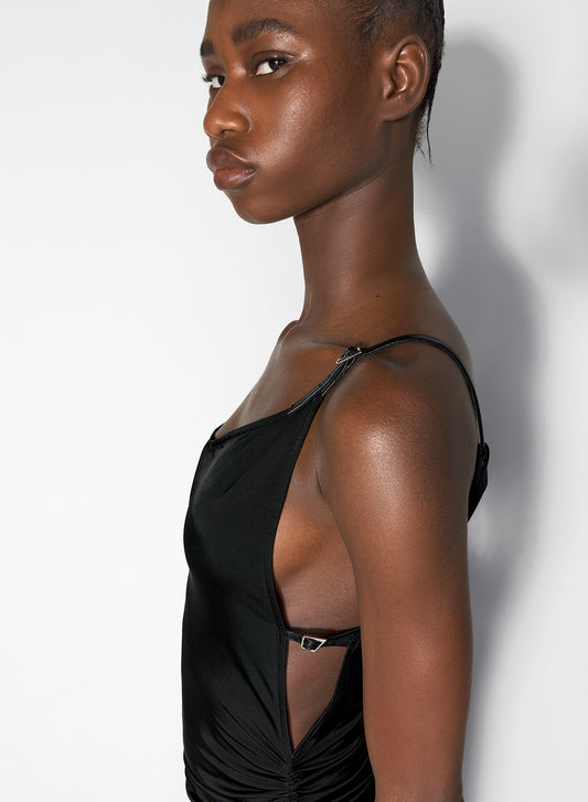 black asymetrical buckled strap dress