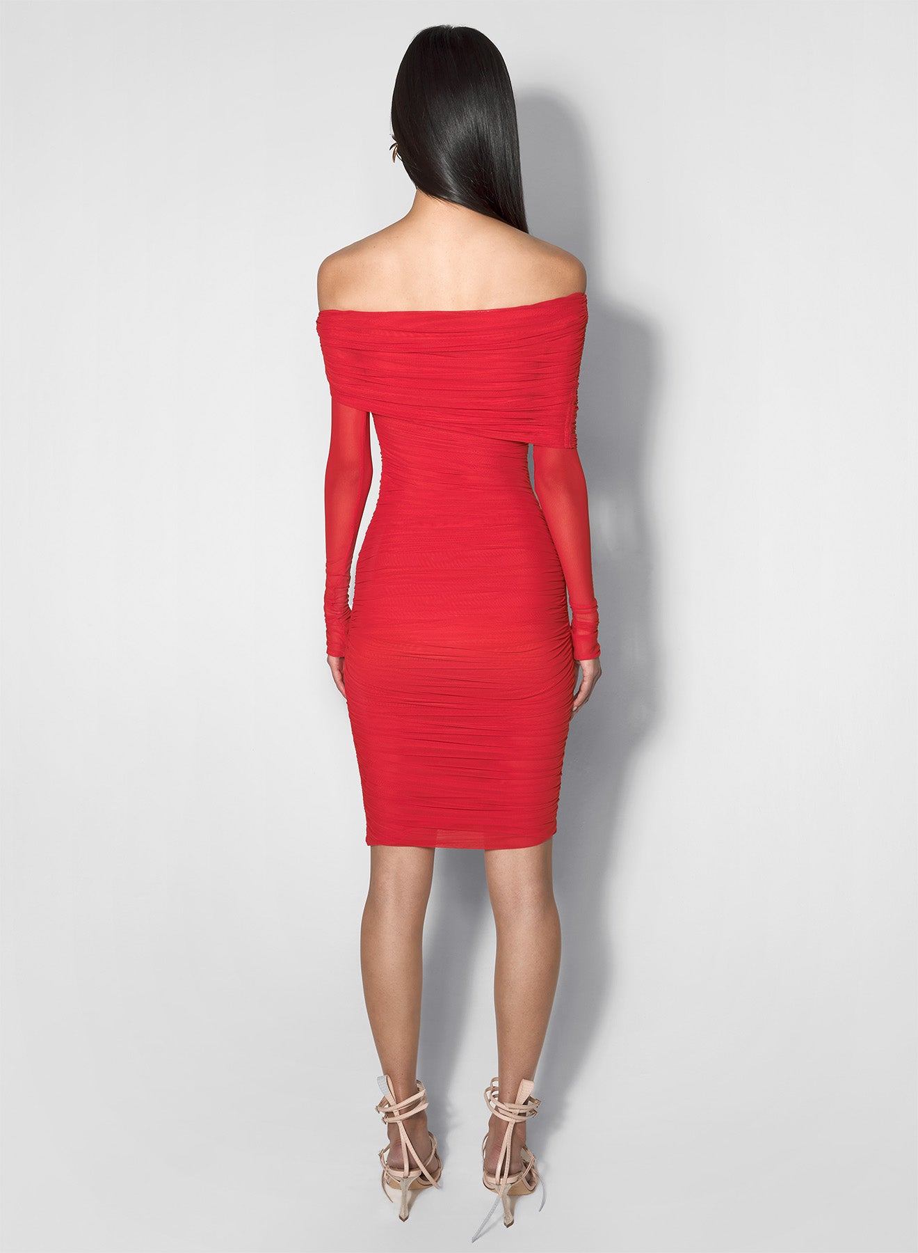 red off-shoulder ruched dress