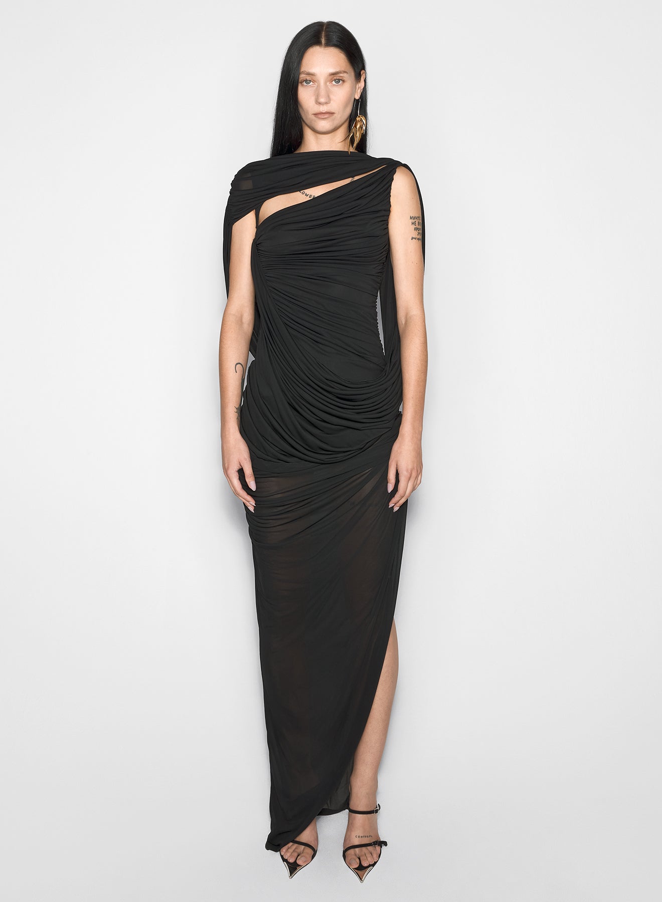 black draped backless gown