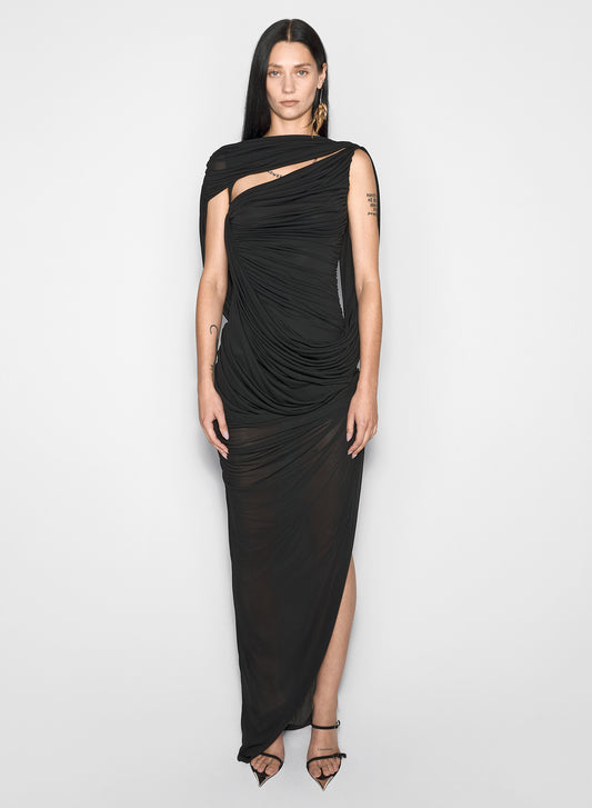 black draped backless gown