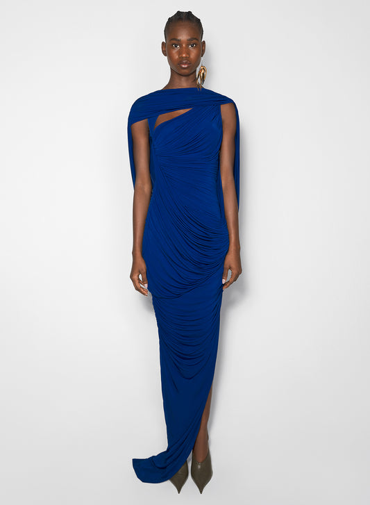 blue draped backless gown