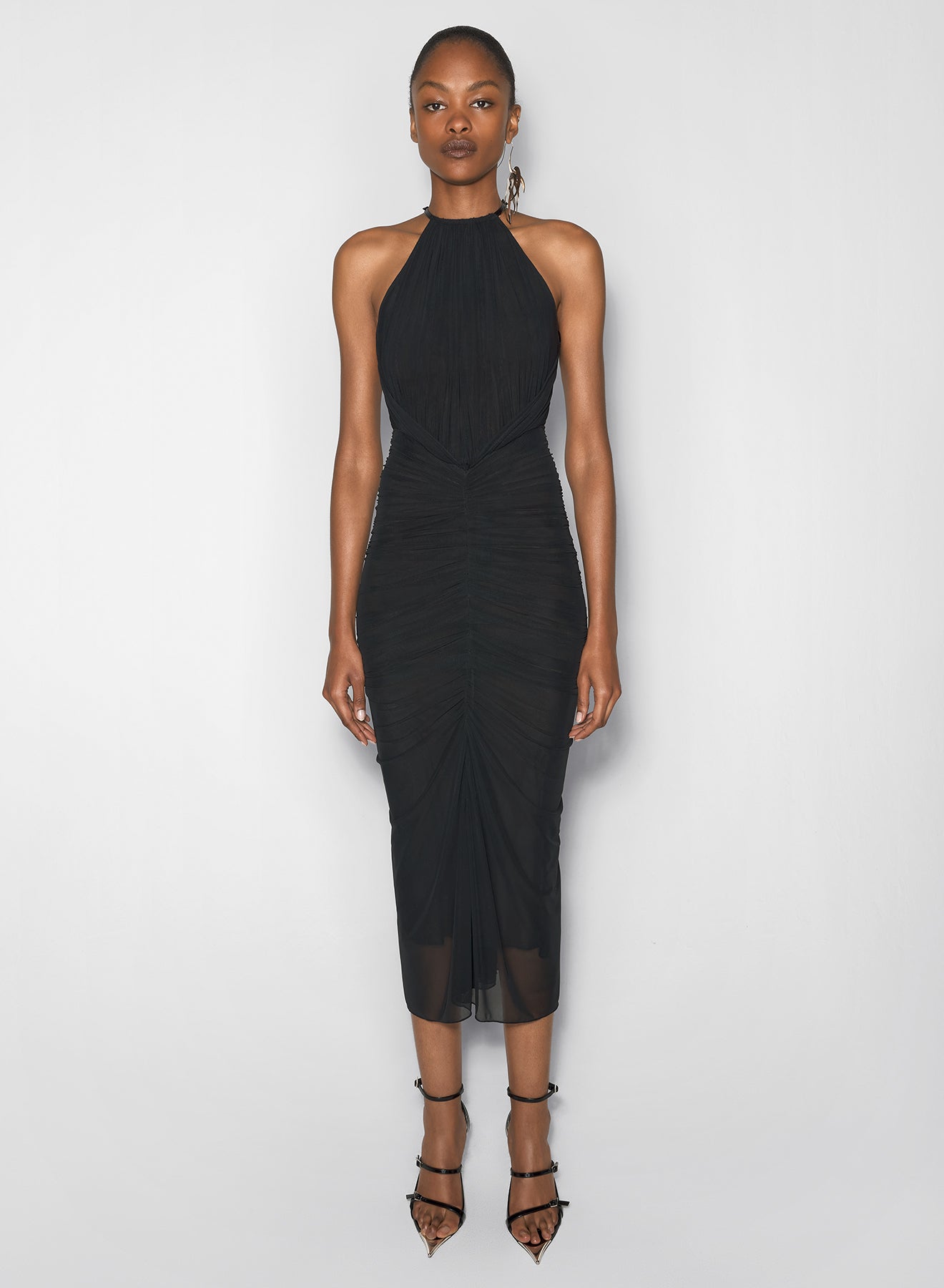 black ruched halter dress