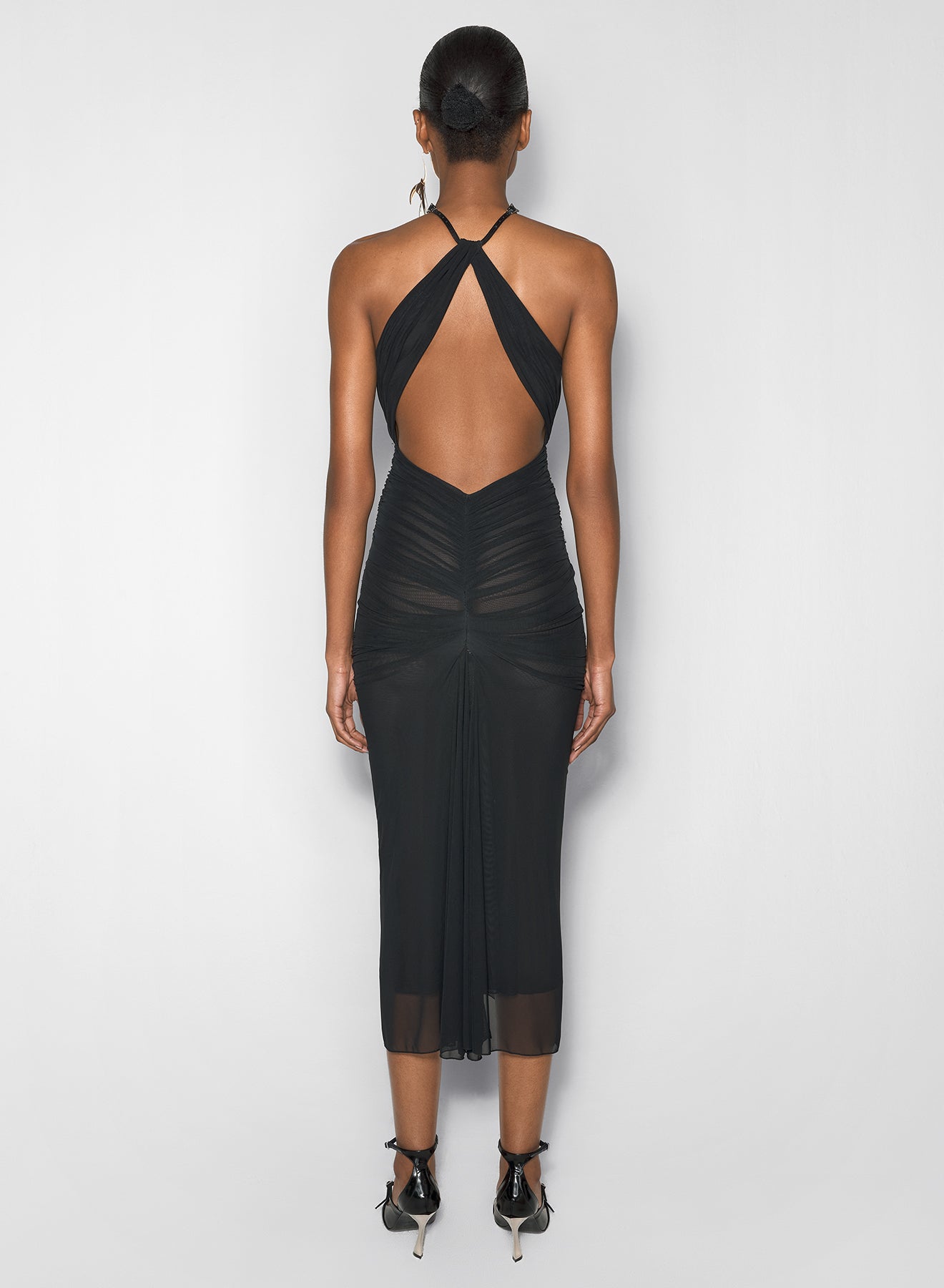 black ruched halter dress