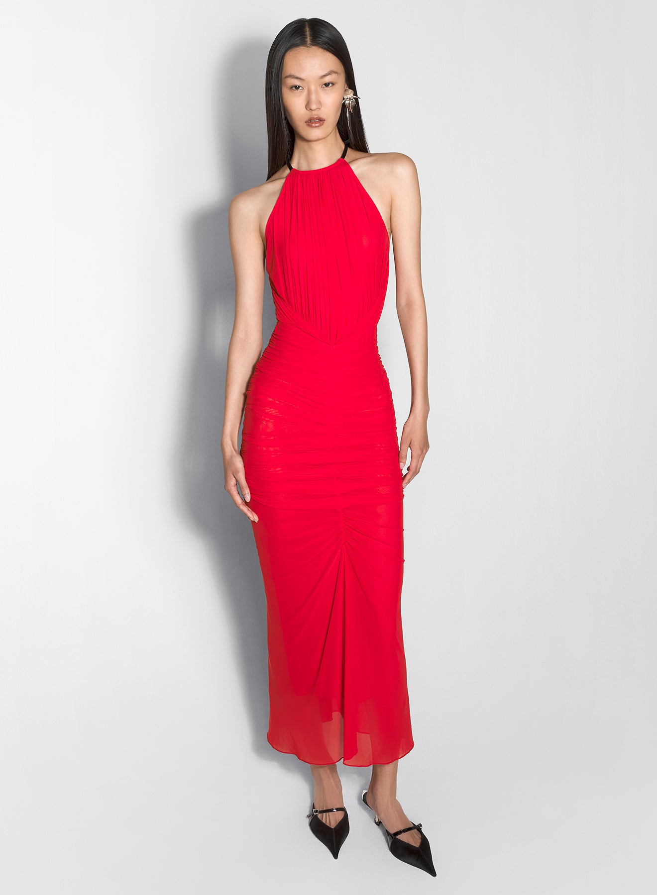 red ruched halter dress