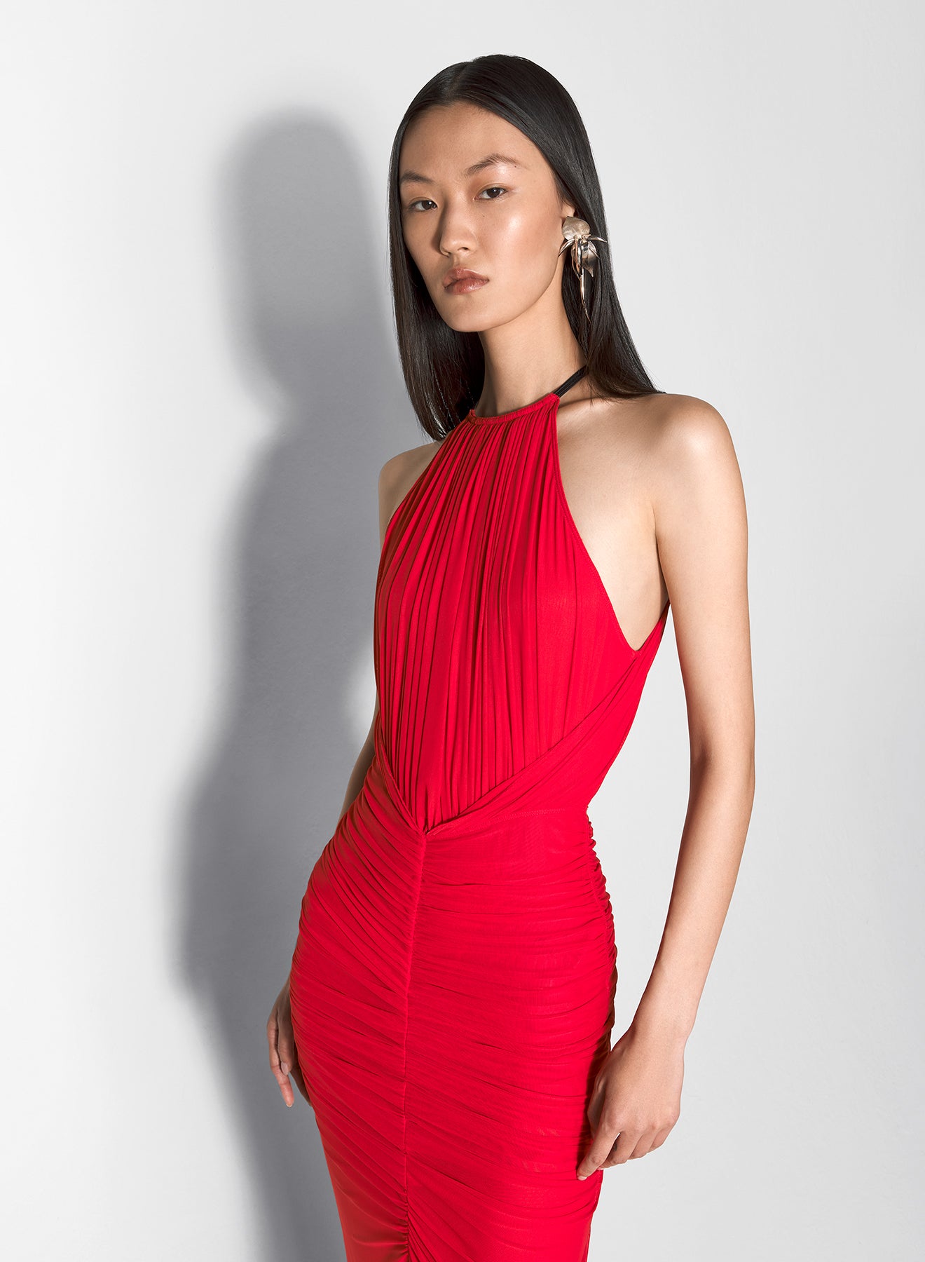 red ruched halter dress