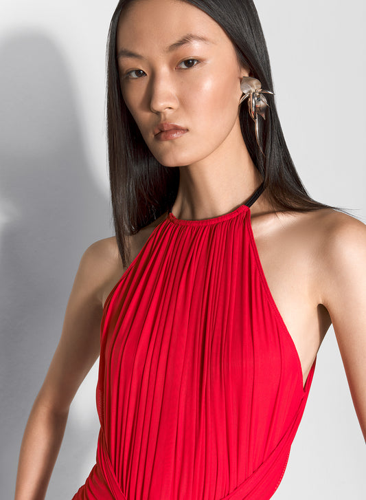 red ruched halter dress