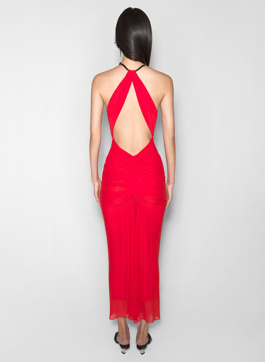 red ruched halter dress