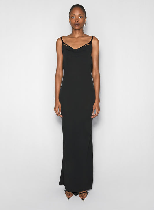 black leather harness backless crepe gown