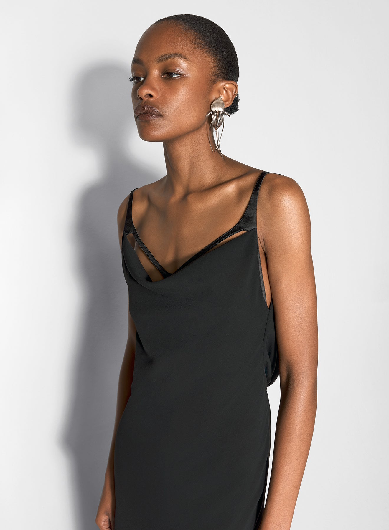 black leather harness backless crepe gown