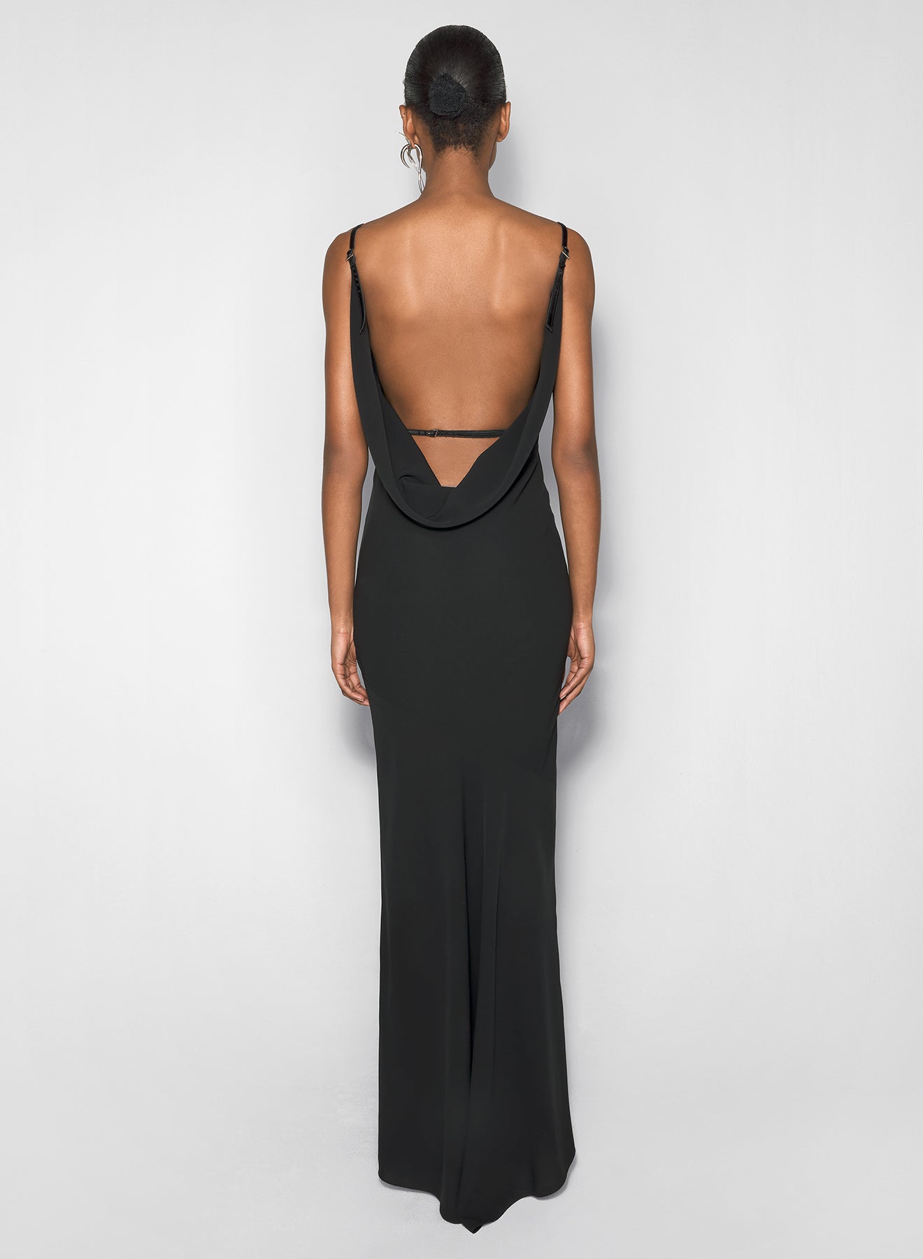 black leather harness backless crepe gown