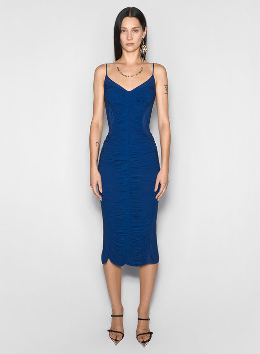 blue ruched dress