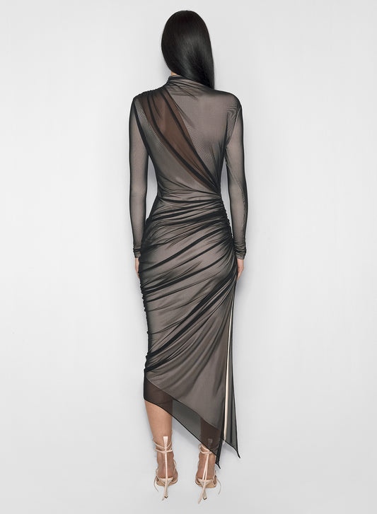 black and nude asymmetrical double layered dress